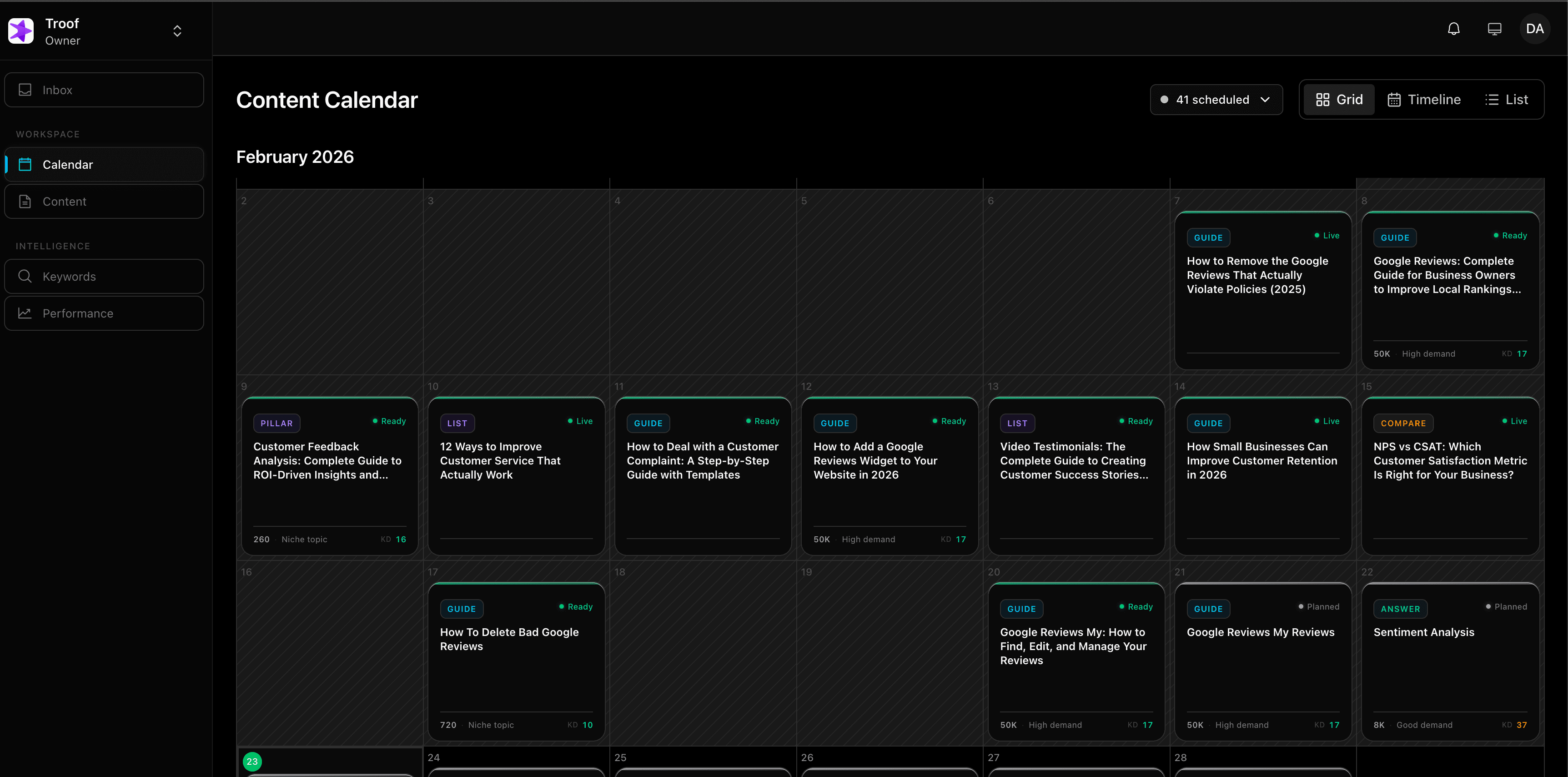 Woord content calendar showing scheduled articles across February 2026