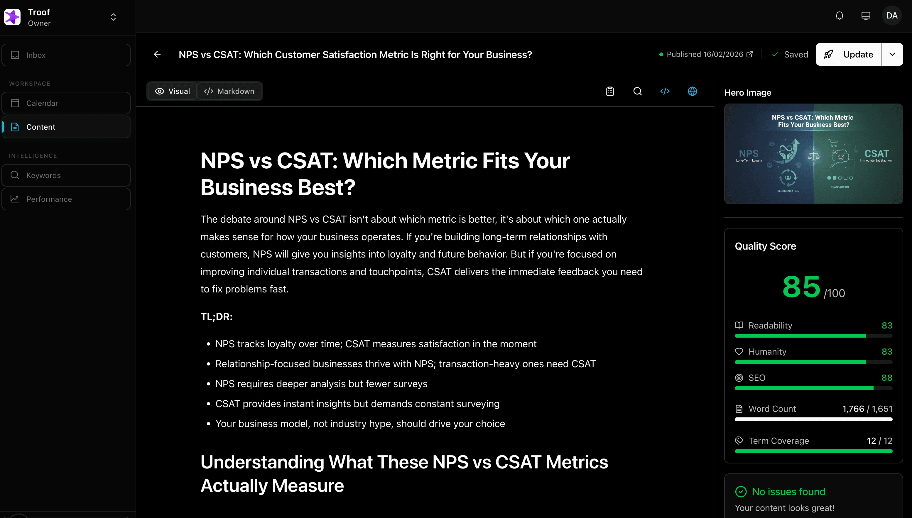 Woord article editor with quality scores, SEO analysis, and visual editing